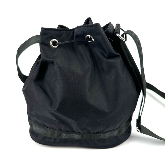 Lesportsac Drawstring Bucket Bag Black Nylon Crossbody Handbag Purse - Picture 5 of 12